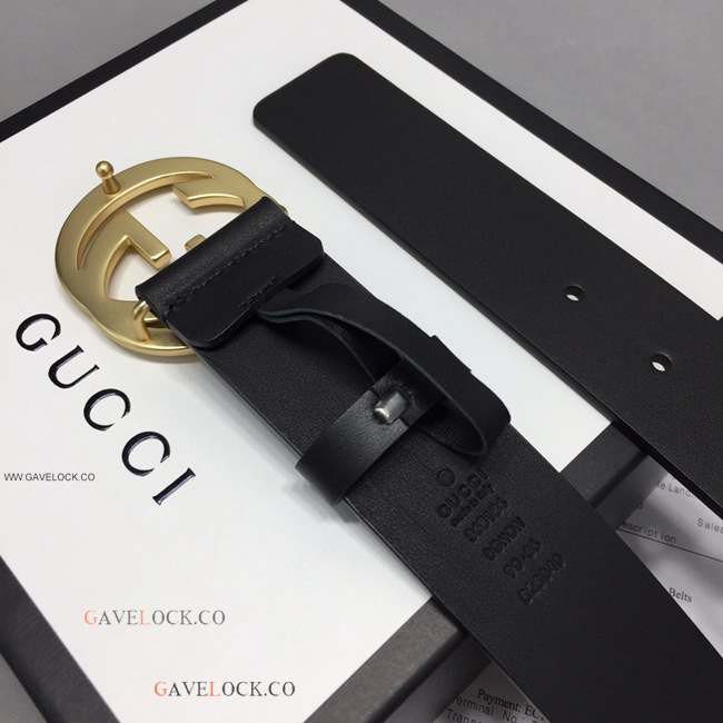 Gucci Leather Men's Belt Gold Interlocking GG Buckle w Box